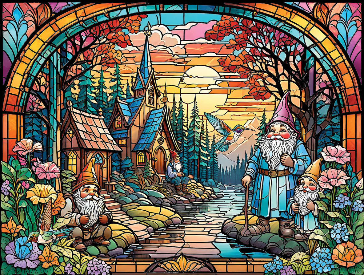 Stained Glass Gnome Village Jigsaw Puzzle